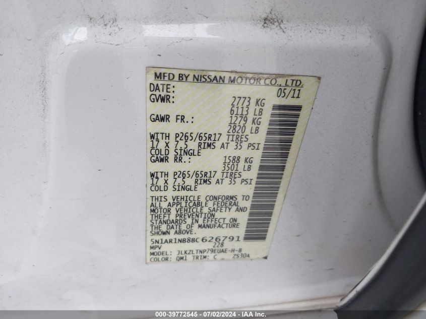 2011 Nissan Pathfinder Silver VIN: 5N1AR1NB8BC626791 Lot: 39772545