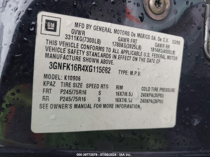 1999 Chevrolet Suburban 1500 Lt VIN: 3GNFK16R4XG115682 Lot: 39772579