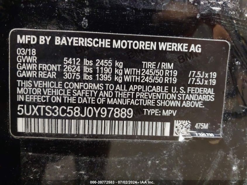 2018 BMW X3 M40I VIN: 5UXTS3C58J0Y97889 Lot: 39772583