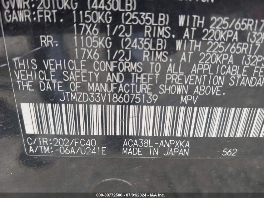 2008 Toyota Rav4 VIN: JTMZD33V186075139 Lot: 39772586