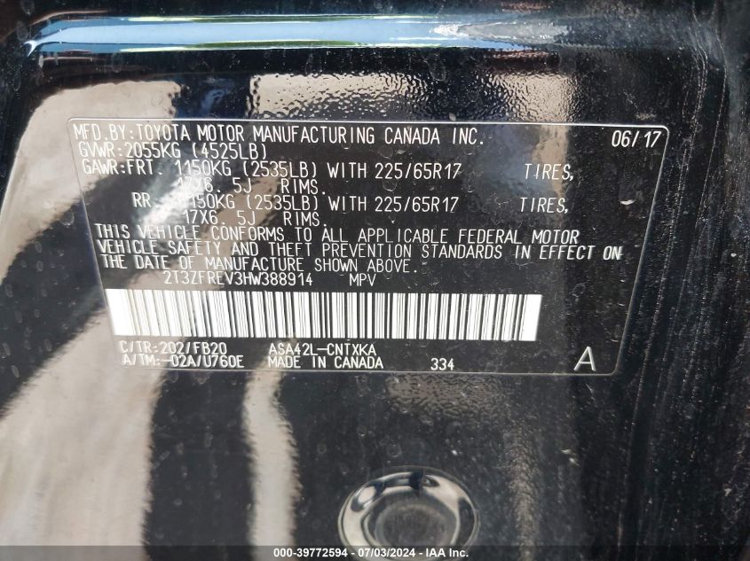 2017 Toyota Rav4 Le VIN: 2T3ZFREV3HW388914 Lot: 39772594