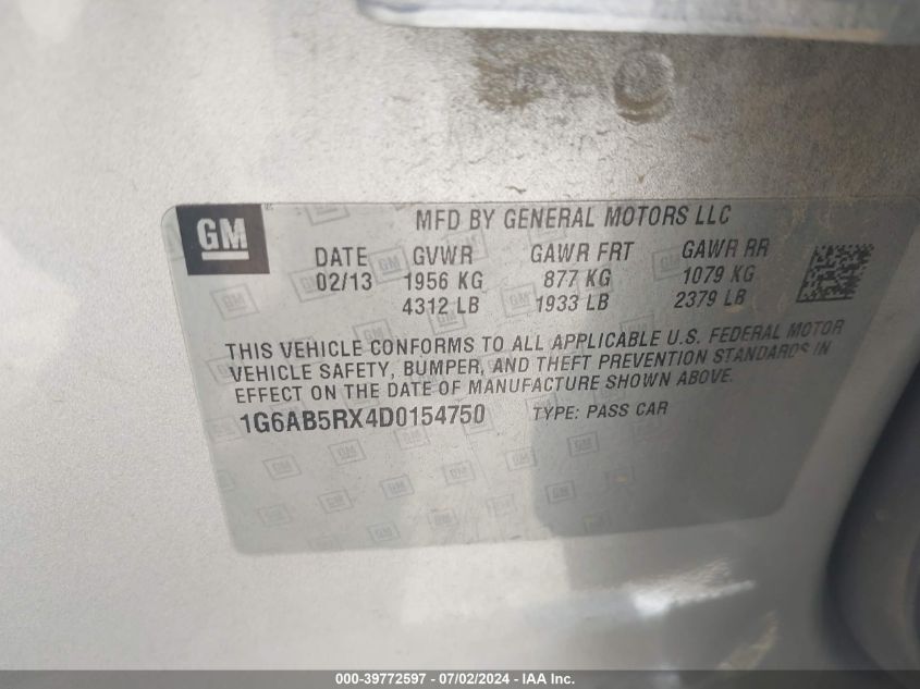 2013 Cadillac Ats Luxury VIN: 1G6AB5RX4D0154750 Lot: 39772597