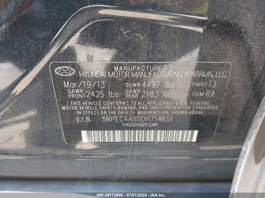 2013 Hyundai Sonata Limited 2.0T VIN: 5NPEC4AB8DH714651 Lot: 39772605