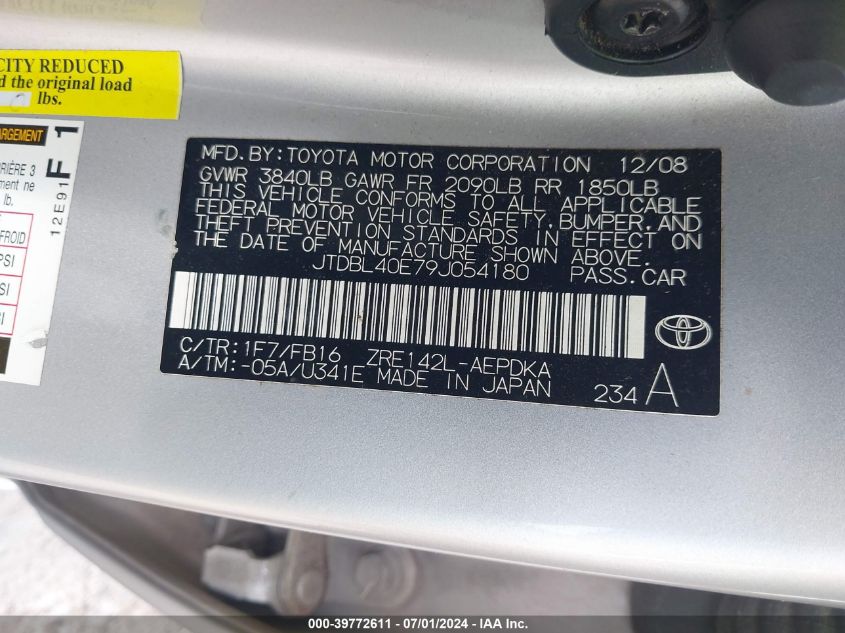 2009 Toyota Corolla Le VIN: JTDBL40E79J054180 Lot: 39772611