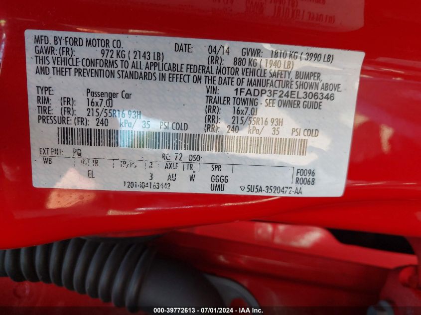 2014 Ford Focus Se VIN: 1FADP3F24EL306346 Lot: 39772613