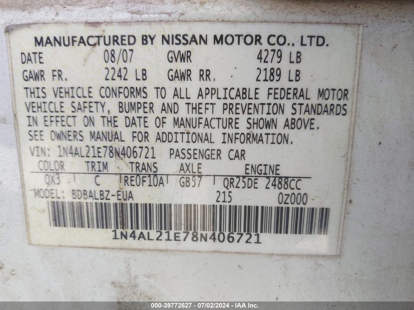 2008 Nissan Altima 2.5 S VIN: 1N4AL21E78N406721 Lot: 39772627
