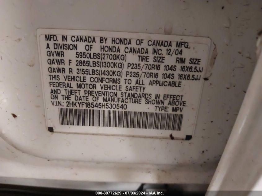2005 Honda Pilot Ex-L VIN: 2HKYF18545H530540 Lot: 39772629