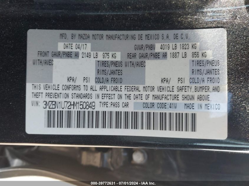 2017 Mazda Mazda3 Sport VIN: 3MZBN1U72HM150849 Lot: 39772631