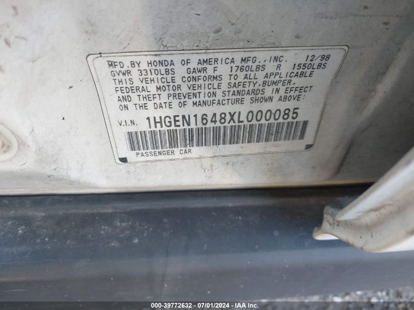 1999 Honda Civic Gx VIN: 1HGEN1648XL000085 Lot: 39772632