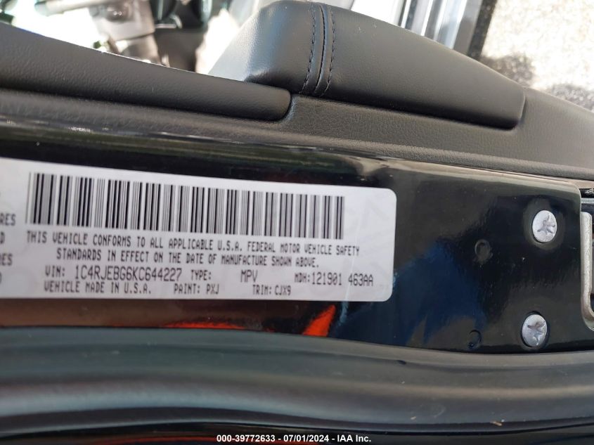 2019 Jeep Grand Cherokee Limited 4X2 VIN: 1C4RJEBG6KC644227 Lot: 39772633