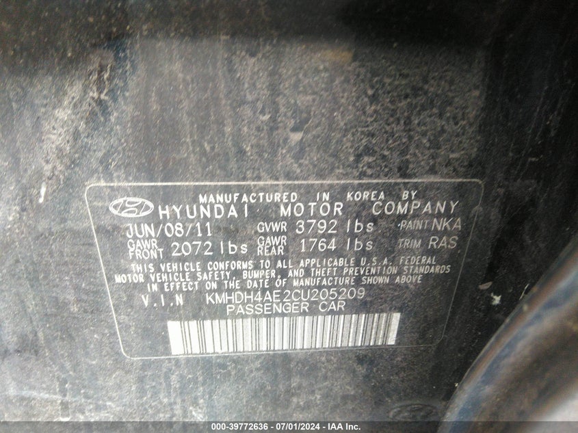 2012 Hyundai Elantra Limited (Ulsan Plant) VIN: KMHDH4AE2CU205209 Lot: 39772636