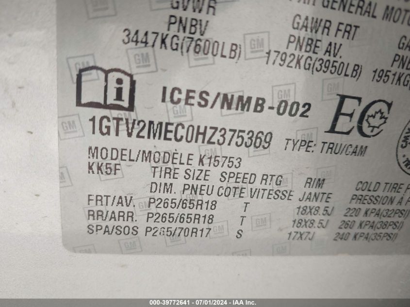 2017 GMC Sierra 1500 Sle VIN: 1GTV2MEC0HZ375369 Lot: 39772641