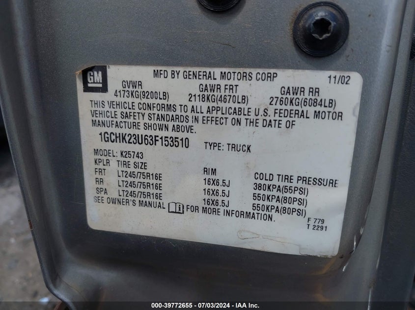 2003 Chevrolet Silverado 2500Hd Ls VIN: 1GCHK23U63F153510 Lot: 39772655