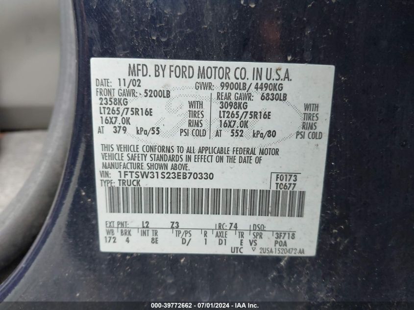 2003 Ford F-350 Lariat/Xl/Xlt VIN: 1FTSW31S23EB70330 Lot: 39772662