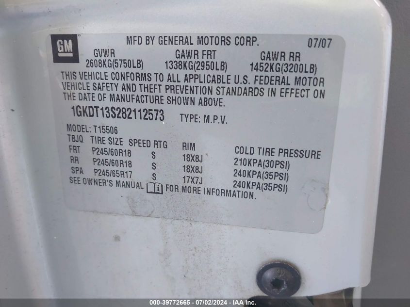 2008 GMC Envoy VIN: 1GKDT13S282112573 Lot: 39772665