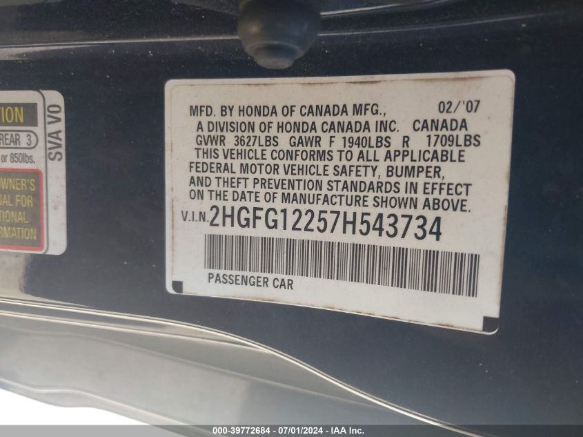 2HGFG12257H543734 2007 Honda Civic Dx