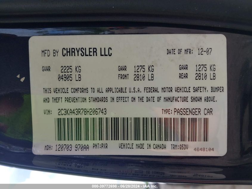 2008 Chrysler 300 Lx VIN: 2C3KA43R78H206743 Lot: 39772698