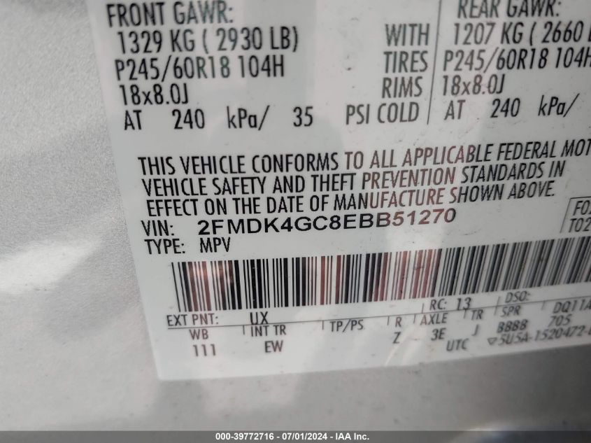 2014 Ford Edge Se VIN: 2FMDK4GC8EBB51270 Lot: 39772716