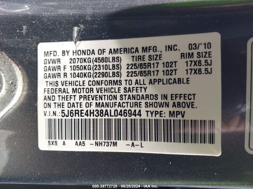 2010 Honda Cr-V Lx VIN: 5J6RE4H38AL046944 Lot: 39772728