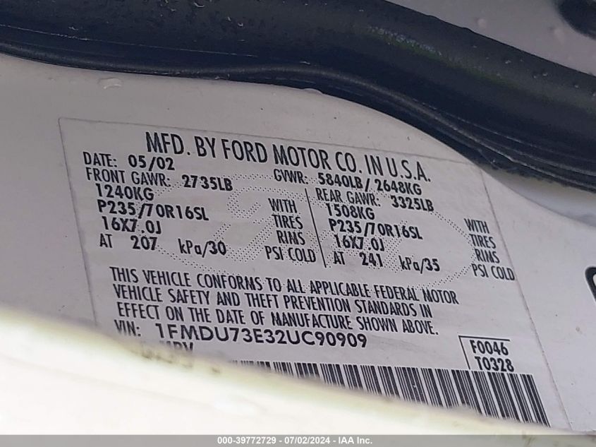 2002 Ford Explorer Xlt VIN: 1FMDU73E32UC90909 Lot: 39772729