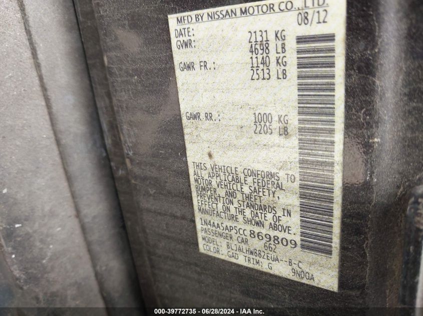 2012 Nissan Maxima 3.5 Sv VIN: 1N4AA5AP5CC869809 Lot: 39772735