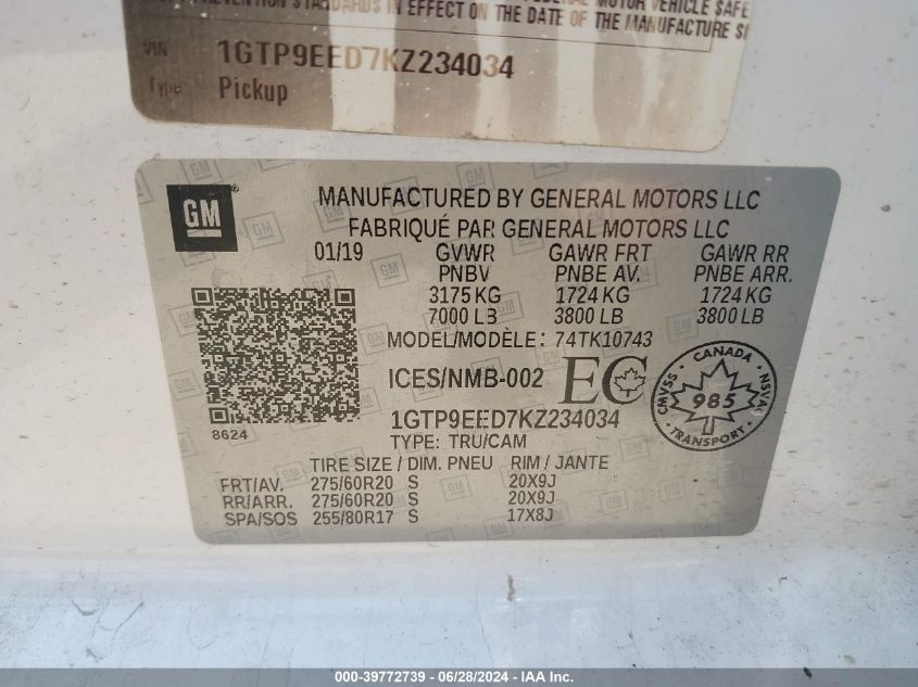 2019 GMC Sierra 1500 At4 VIN: 1GTP9EED7KZ234034 Lot: 39772739