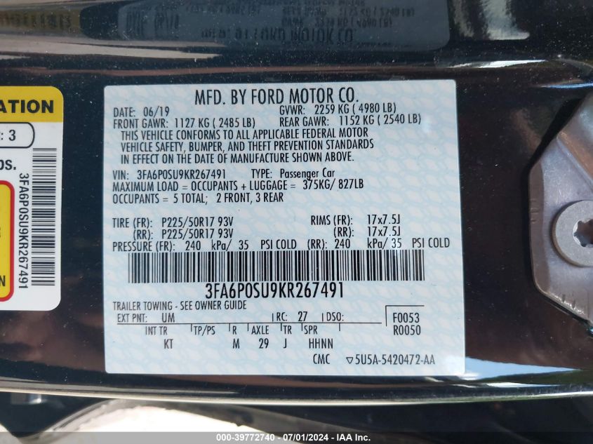 2019 FORD FUSION ENERGI TITANIUM - 3FA6P0SU9KR267491