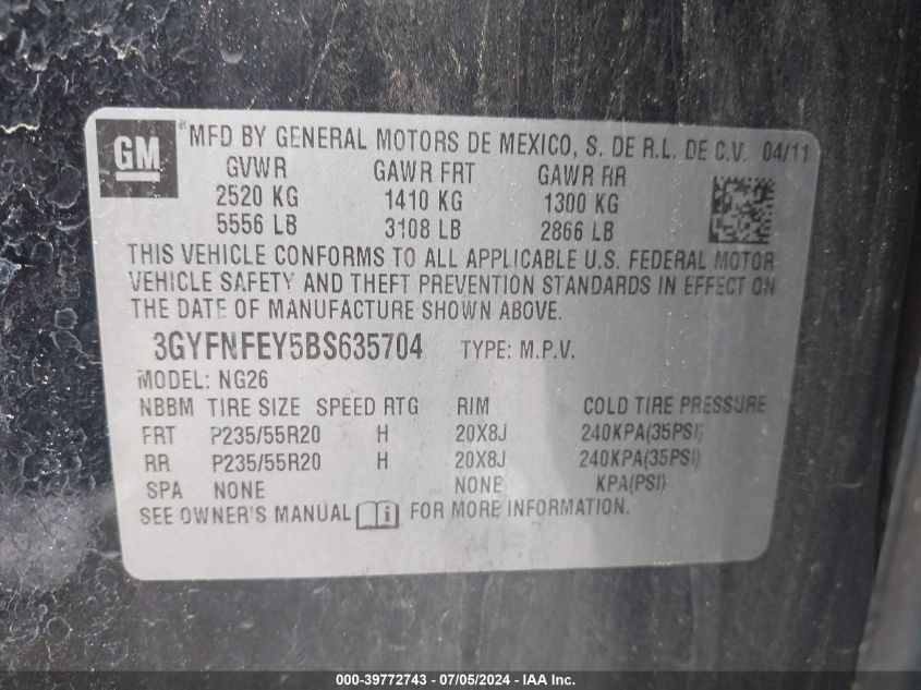 2011 Cadillac Srx Premium Collection VIN: 3GYFNFEY5BS635704 Lot: 39772743