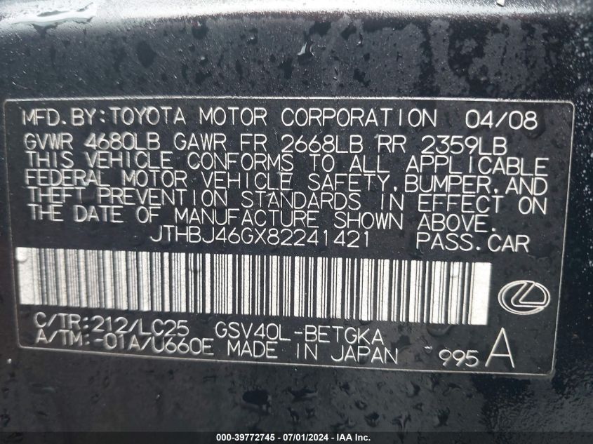 2008 Lexus Es 350 VIN: JTHBJ46GX82241421 Lot: 39772745