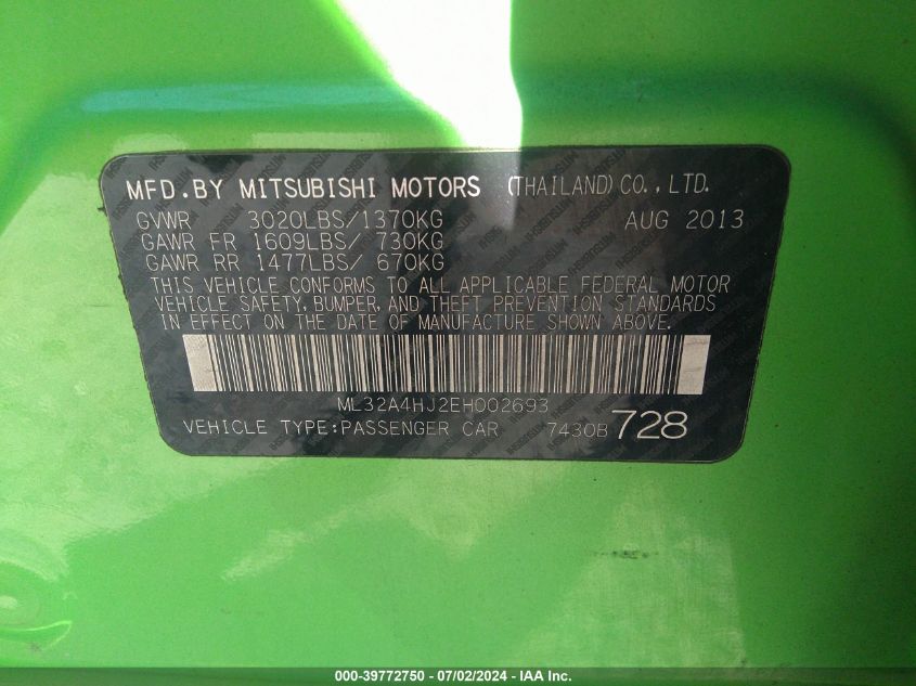 2014 Mitsubishi Mirage Es VIN: ML32A4HJ2EH002693 Lot: 39772750