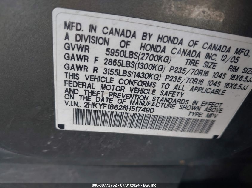2006 Honda Pilot Ex-L VIN: 2HKYF18626H517490 Lot: 39772762