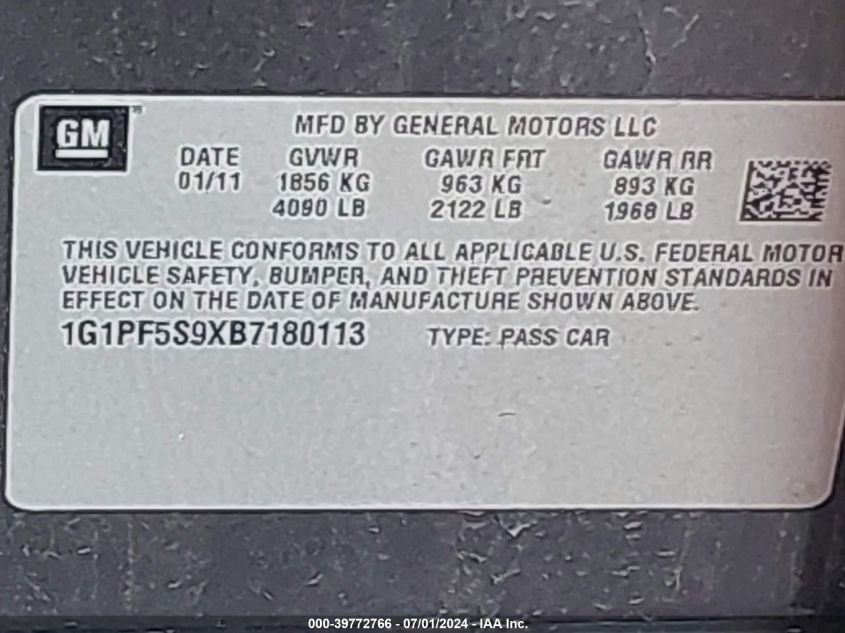 2011 Chevrolet Cruze 1Lt VIN: 1G1PF5S9XB7180113 Lot: 39772766