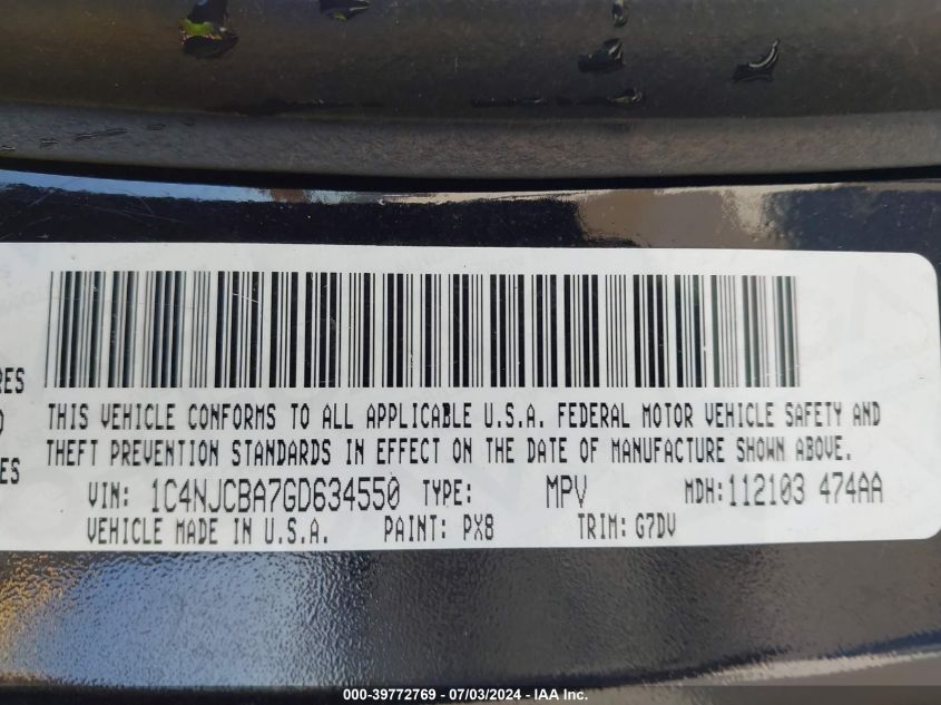 2016 Jeep Compass Sport Se VIN: 1C4NJCBA7GD634550 Lot: 39772769