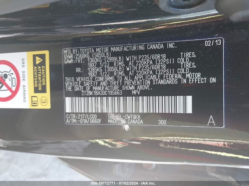 2013 Lexus Rx 350 VIN: 2T2BK1BA3DC195663 Lot: 39772771