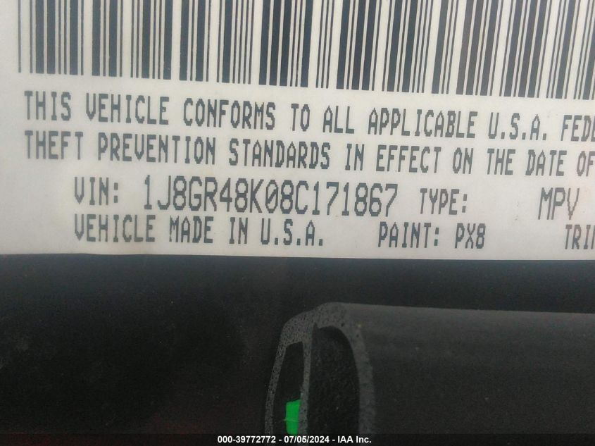 2008 Jeep Grand Cherokee Laredo VIN: 1J8GR48K08C171867 Lot: 39772772