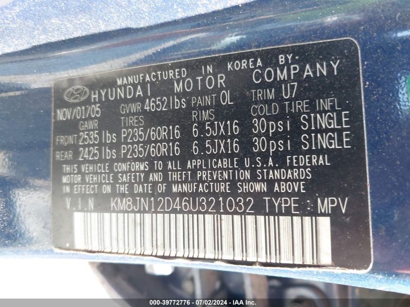 2006 Hyundai Tucson Gls/Limited VIN: KM8JN12D46U321032 Lot: 39772776