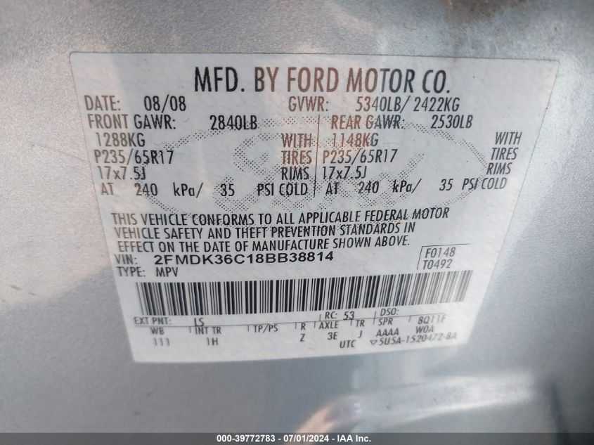 2008 Ford Edge Se VIN: 2FMDK36C18BB38814 Lot: 39772783