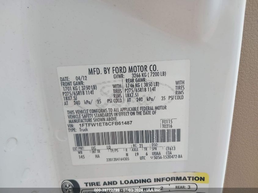 2012 Ford F150 Supercrew VIN: 1FTFW1ET8CFB61487 Lot: 39772799
