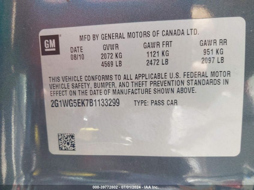 2011 Chevrolet Impala Lt VIN: 2G1WG5EK7B1133299 Lot: 39772802