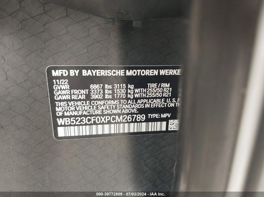 2023 BMW Ix xDrive50 VIN: WB523CF0XPCM26789 Lot: 39772809