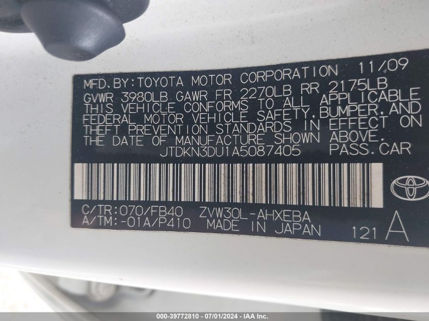 2010 Toyota Prius Iii VIN: JTDKN3DU1A5087405 Lot: 39772810