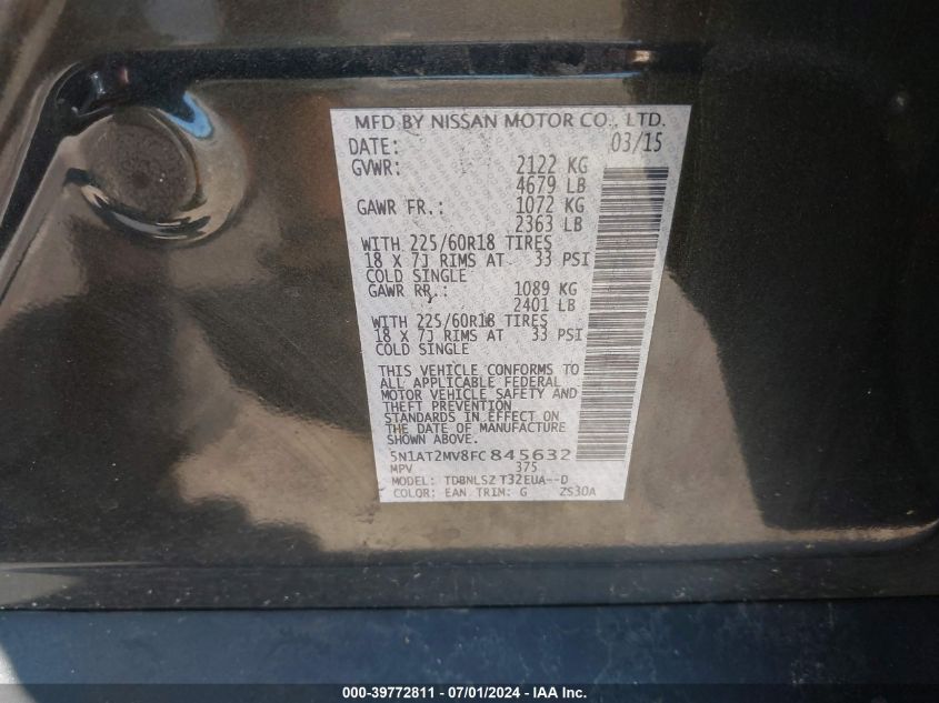 2015 Nissan Rogue Sl VIN: 5N1AT2MV8FC845632 Lot: 39772811