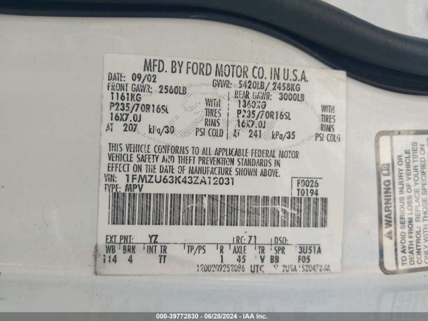 2003 Ford Explorer Nbx/Xlt VIN: 1FMZU63K43ZA12031 Lot: 39772830