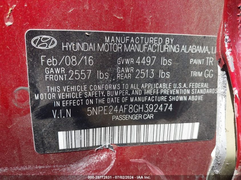 2016 Hyundai Sonata VIN: 5NPE24AF8GH392474 Lot: 39772831