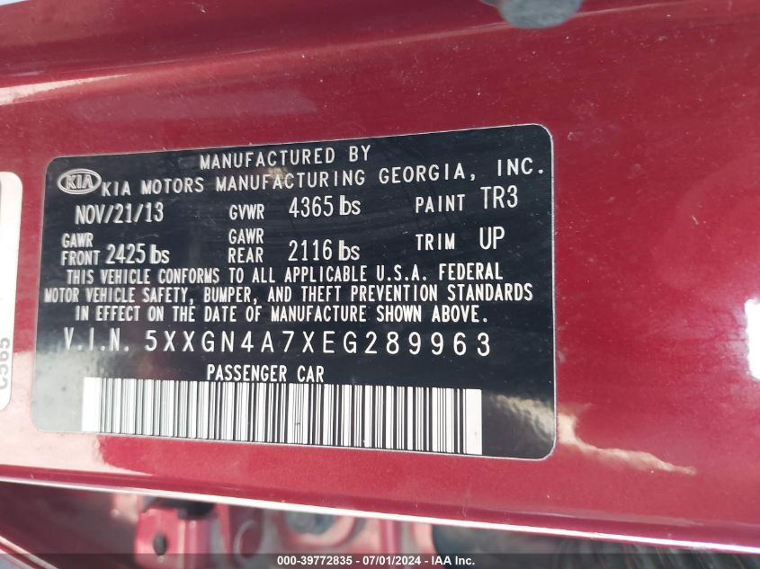 2014 Kia Optima Ex VIN: 5XXGN4A7XEG289963 Lot: 39772835