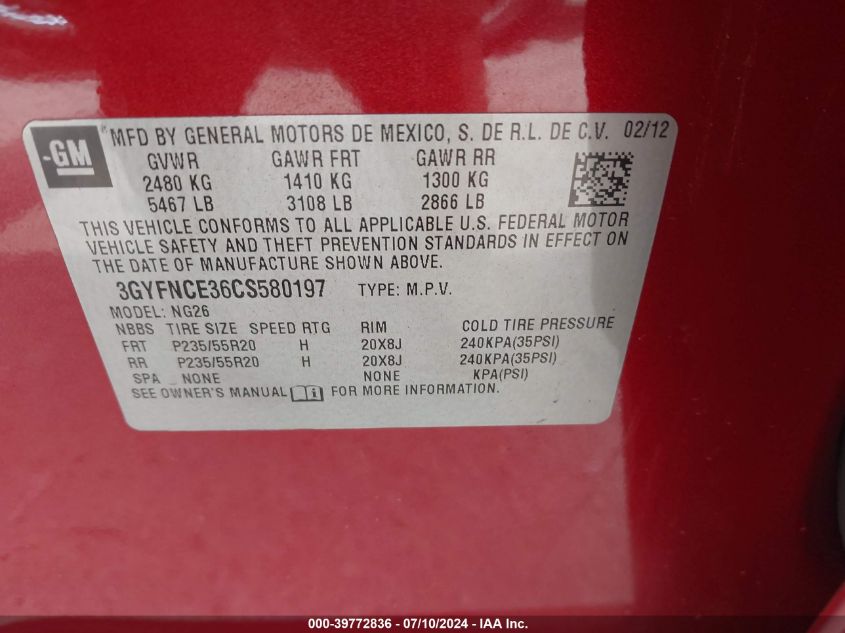 2012 Cadillac Srx Premium Collection VIN: 3GYFNCE36CS580197 Lot: 39772836