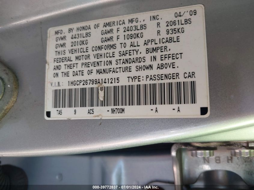 2009 Honda Accord 2.4 Ex VIN: 1HGCP26799A141215 Lot: 39772837