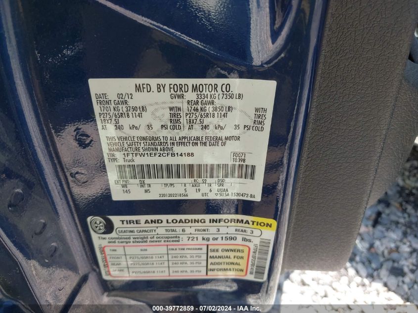 2012 Ford F-150 Xlt VIN: 1FTFW1EF2CFB14188 Lot: 39772859