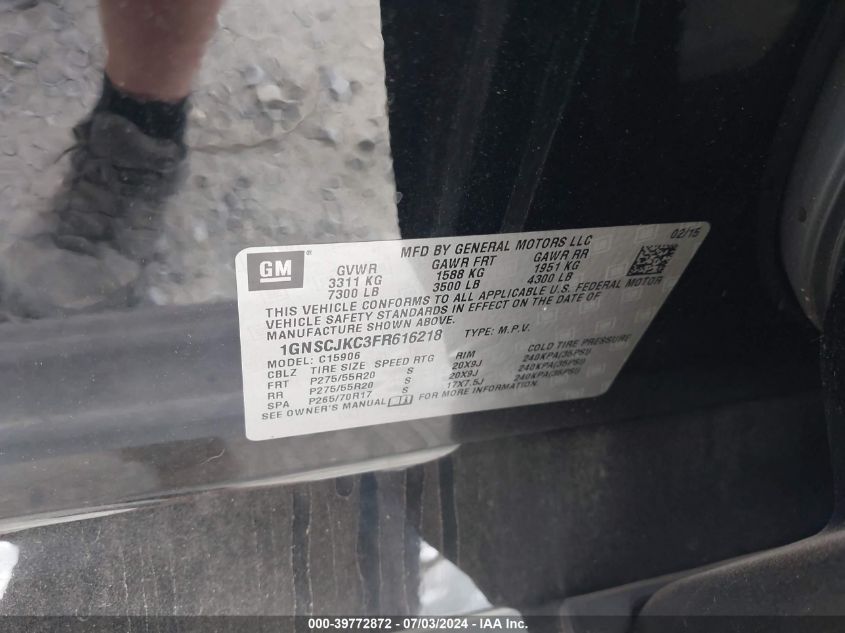 2015 Chevrolet Suburban 1500 Lt VIN: 1GNSCJKC3FR616218 Lot: 39772872