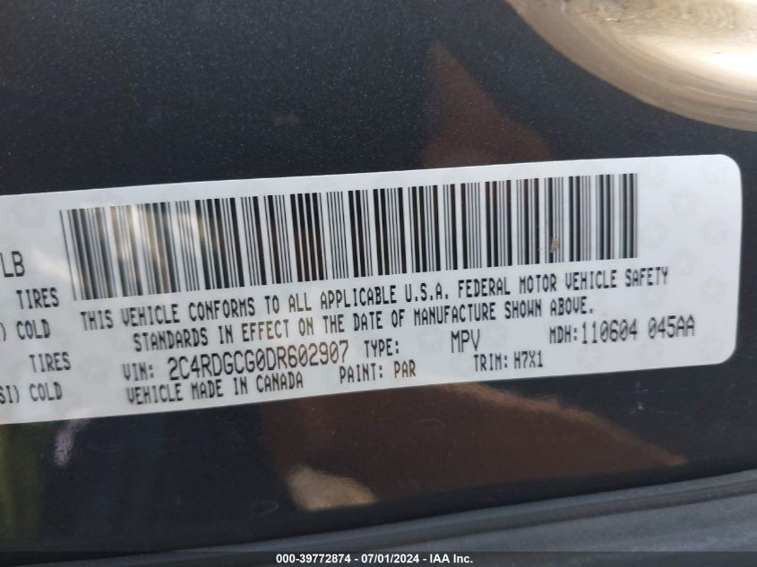 2013 Dodge Grand Caravan Sxt VIN: 2C4RDGCG0DR602907 Lot: 39772874